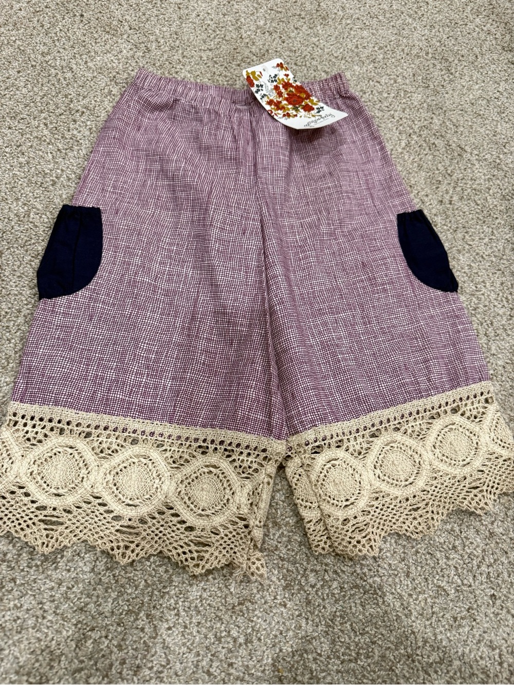 Persnickety Purple Bermudas with Pockets and Cream Crochet Hem